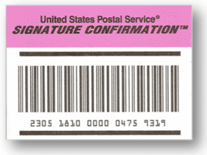 A USPS Signature Confirmation label with a barcode and tracking number, indicating proof of delivery that requires the recipient’s signature.