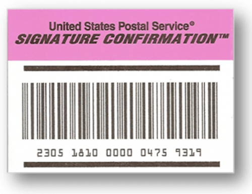A USPS Signature Confirmation label with a barcode and tracking number, indicating proof of delivery that requires the recipient’s signature.