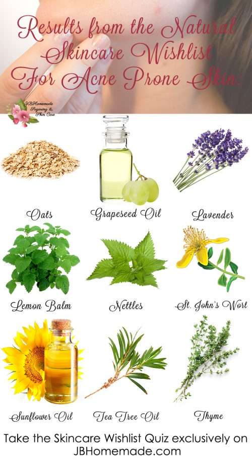 A visual representation of the results from the ‘Natural Skincare Wishlist For Acne Prone Skin’ quiz, showcasing images of oats, grapeseed oil, lavender, lemon balm, nettles, St. John’s Wort, sunflower oil, tea tree oil, and thyme as recommended ingredients for acne-prone skin.