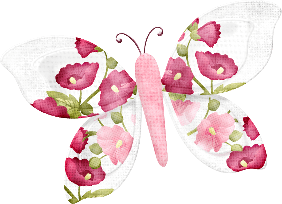An artistic illustration of a butterfly with wings adorned with beautiful pink and red flowers, set against a white background.