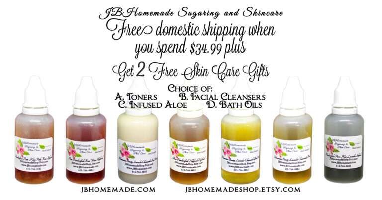 A collection of skincare samples including toners, infused aloe, facial cleansers, and bath oils offered by JB Homemade Sugaring and Skincare for orders exceeding $34.99.