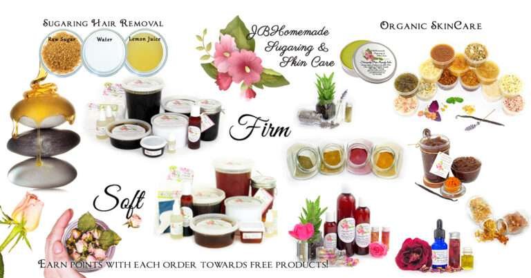 A collage showcasing popular handmade items: A logo is prominently displayed in the center. In the top left, three transparent bowls contain raw sugar, lemon juice, and water, each with its own label. Below, there are sugaring paste products. To the left, sugaring paste is shown melting over stones. To the right, there's a diabetic pain relief salve, rose-infused aloe vera products, 'Rose the Age Away' serum, an assortment of sugar scrubs with their ingredients visible, and open jars filled with ground rose, chamomile, calendula, and lavender herbs.