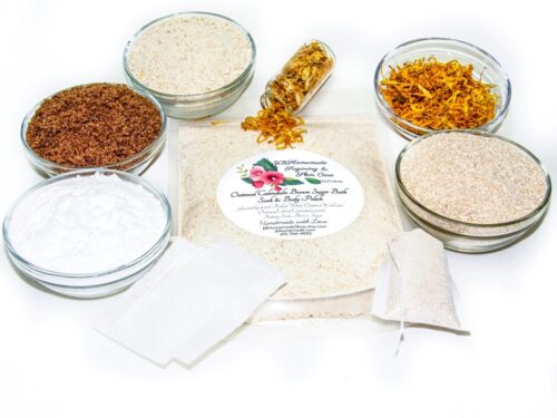 An 8 oz zip pouch of JBHomemade’s Calendula Oatmeal Bath Soak, A selection of natural ingredients including whole oats, brown sugar, colloidal oatmeal, baking soda, and calendula displayed in separate bowls to highlight their purity and quality.