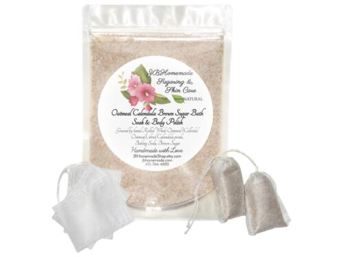 An 8 oz zip pouch of JBHomemade’s Calendula-Infused Bath Soak, crafted with soothing calendula petals, colloidal rolled whole oats, brown sugar, and baking soda. Tea bags included.