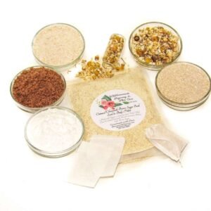 An 8 oz zip pouch of JBHomemade’s Chamomile Oatmeal Bath Soak, A selection of natural ingredients including whole oats, brown sugar, colloidal oatmeal, baking soda, and chamomile displayed in separate bowls to highlight their purity and quality.