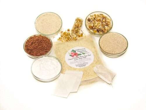 An 8 oz zip pouch of JBHomemade’s Chamomile Oatmeal Bath Soak, A selection of natural ingredients including whole oats, brown sugar, colloidal oatmeal, baking soda, and chamomile displayed in separate bowls to highlight their purity and quality.