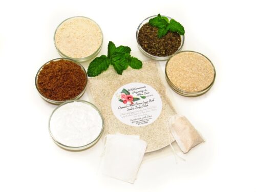 An 8 oz zip pouch of JBHomemade’s Mint Oatmeal Bath Soak, A selection of natural ingredients including whole oats, brown sugar, colloidal oatmeal, baking soda, and mint displayed in separate bowls to highlight their purity and quality.