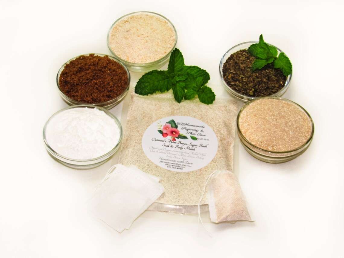 An 8 oz zip pouch of JBHomemade’s Mint Oatmeal Bath Soak, A selection of natural ingredients including whole oats, brown sugar, colloidal oatmeal, baking soda, and mint displayed in separate bowls to highlight their purity and quality.