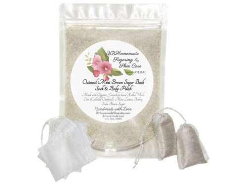 An 8 oz zip pouch of JBHomemade’s Mint-Infused Bath Soak, featuring refreshing mint leaves, colloidal rolled whole oats, brown sugar, and baking soda. Tea bags included.