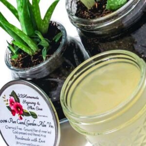 Pure Aloe Vera Gel in 4 oz Mason Jar: Fresh skincare product next to a small potted plant