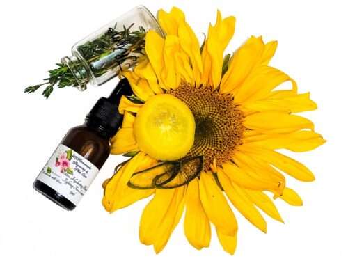 This is an overhead view of an all-natural serum called "Thyme Sunflower Harmony Nourishing Thyme-Infused Sunflower & Aloe Facial Serum" by JBHomemade Sugaring and Skin Care. This serum moisturizes the skin and helps with blemishes and acne. It is handcrafted with natural ingredients. The serum bottle is placed next to a bright yellow sunflower with two aloe vera slices on top of it. A glass bottle of fresh thyme, labeled in cursive, lies to the left of the sunflower.