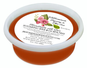 An 8-ounce tub of JBHomemade Sugaring Wax is presented on a white background closeup in the front angled perspective.