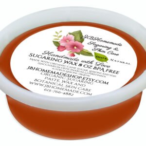 An 8-ounce tub of JBHomemade Sugaring Wax is presented on a white background closeup in the front angled perspective.