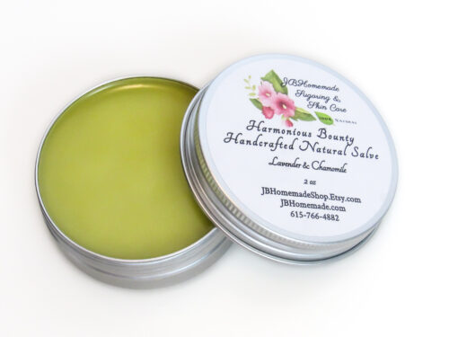 Harmonious Bounty's Creamy Natural Skin Salve in Lavender Chamomile offers a soothing remedy for dry skin with its close-up overhead view highlighting the product's rich texture.