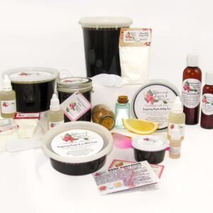 A collection of sugaring paste containers, including various sizes (16 Oz, 2 Oz, 24 Oz, 32 Oz, 400g Tin, and 8 Oz). The image features labeled bottles of pure aloe vera and pouches of cornstarch, along with a business card, an instruction pamphlet, lemon slices, and raw sugar. A clear glass bottle of crystal blue purified water represents the natural ingredients.