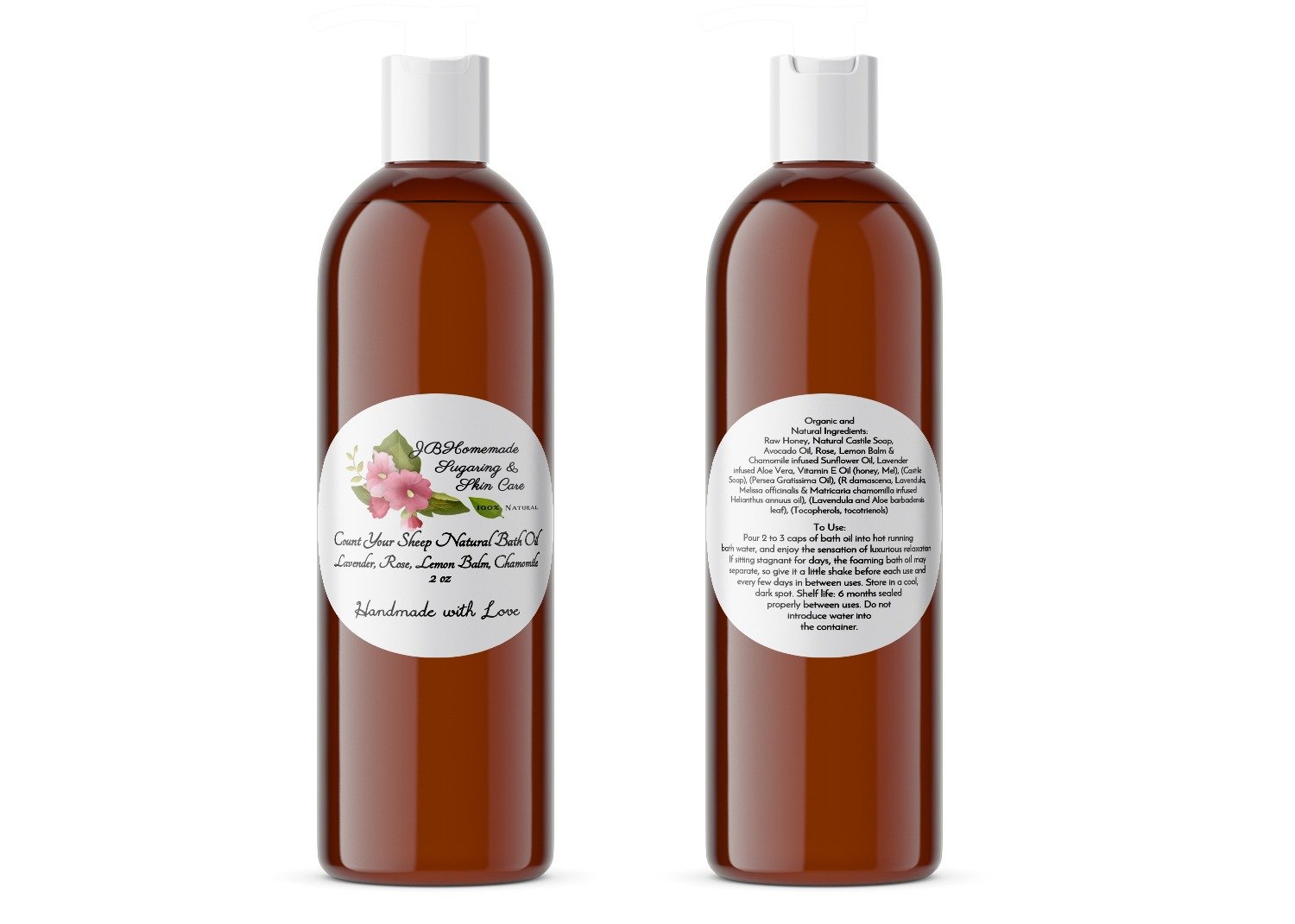 A pair of JBHomemade Sugaring and Skin Care's handcrafted Count Your Sheep Lavender, Rose, Lemon Balm and Chamomile and Aloe Vera Bath Oil in amber 2 oz bottles on a white background. The bottle on the left displays the front label, while the bottle on the right shows the back label. The back label lists the pure ingredients, usage and care instructions, and shelf life of the product.