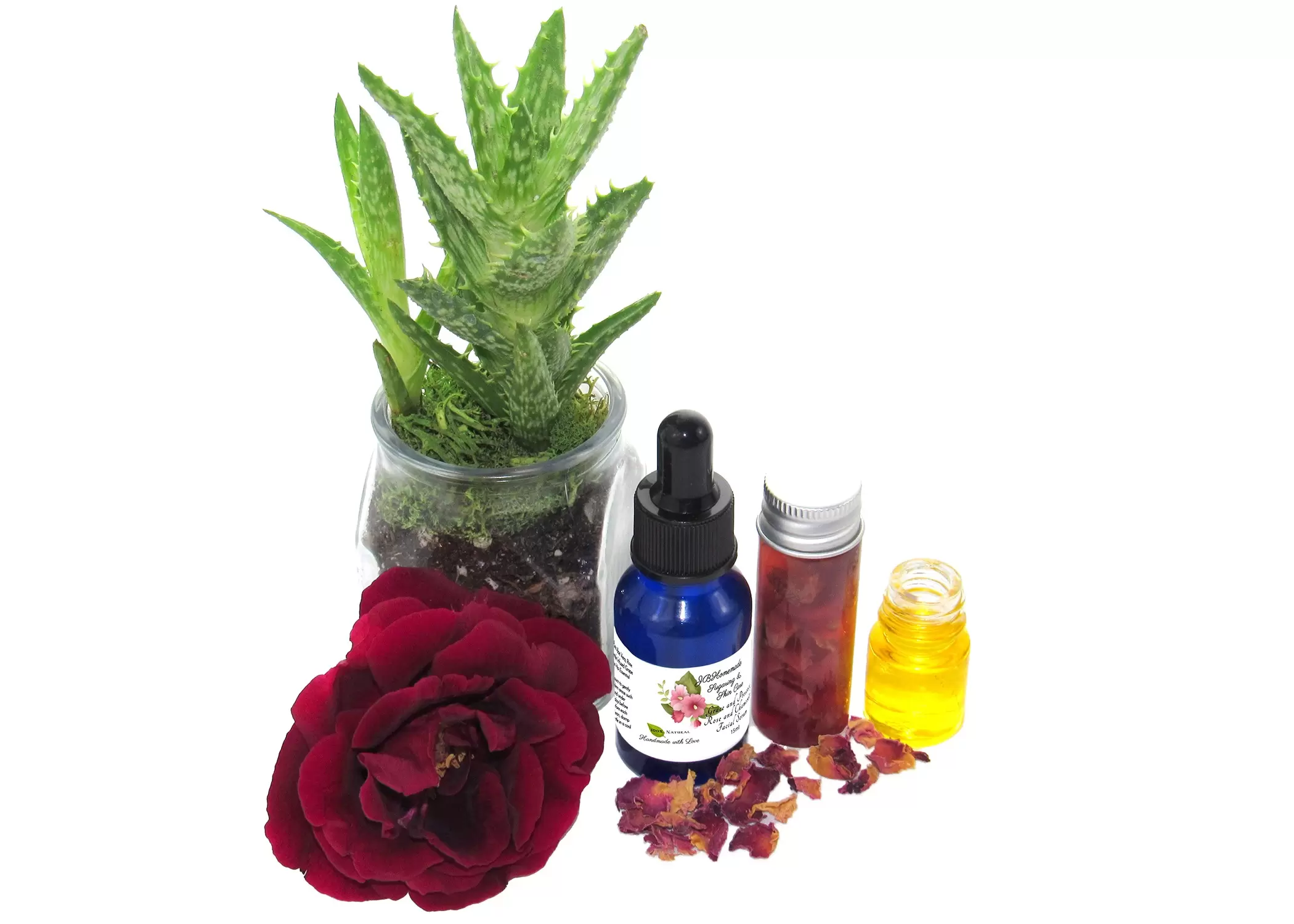 An overhead view angled to the left, showcasing the cobalt blue bottle of Grace and Presence Rose and Chamomile Facial Serum. Surrounding the bottle are natural ingredients: aloe vera leaves, rose petals, and chamomile-infused grapeseed oil.
