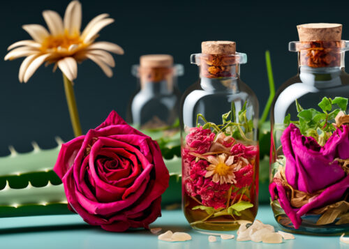 A vibrant image showcasing the natural ingredients of Grace and Presence Rose and Chamomile Facial Serum, including fresh roses, chamomile flowers, and aloe vera beautifully arranged with glass bottles containing the mixed ingredients.