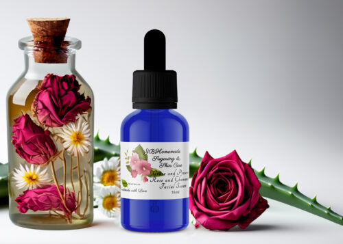 A bottle of Grace and Presence Rose and Chamomile Facial Serum next to a glass jar containing roses and chamomiles, symbolizing the natural ingredients used in the serum.