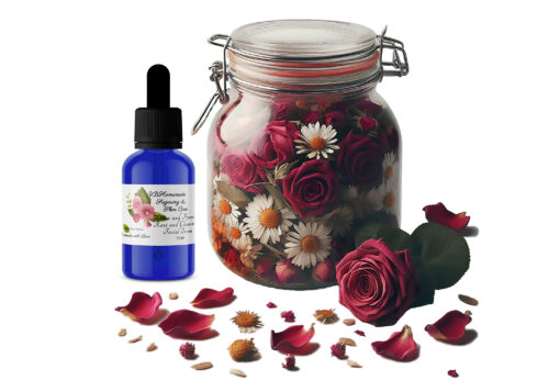 A blue bottle of Grace and Presence Rose and Chamomile Facial Serum next to a glass jar filled with dried chamomile flowers and red rose petals, with scattered petals around.