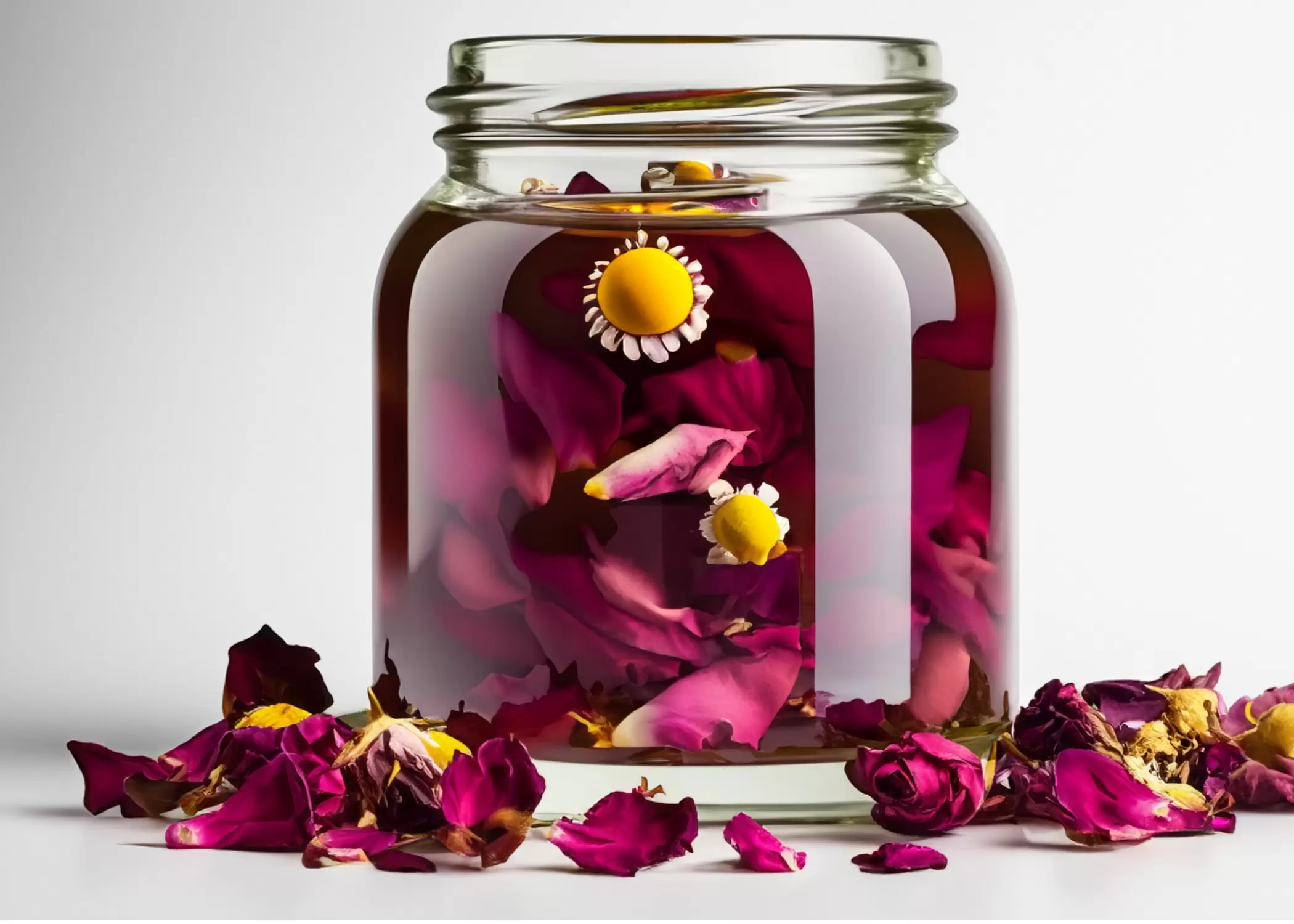 A close-up view of a glass jar filled with red roses and chamomile flowers infusing in aloe vera, a key ingredient in the Grace and Presence Rose and Chamomile Facial Serum. Experience the fusion of roses, chamomile, and aloe—a harmonious blend that embodies Grace and Presence. 🌹🌼💧