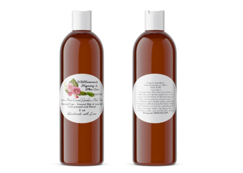 A pair of JBHomemade sugaring and skin care's pure garden aloe vera 2 oz amber bottles on a white background. The bottle on the left displays the front label, while the bottle on the right shows the back label. The back label lists the pure ingredients, usage and care instructions, and shelf life of the product.
