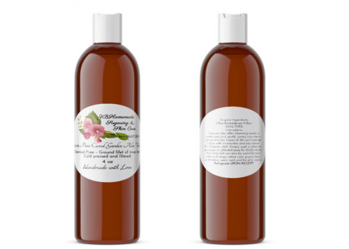A pair of jbhomemade sugaring and skin care's pure garden aloe vera 4 oz amber bottles on a white background. The bottle on the left displays the front label, while the bottle on the right shows the back label. The back label lists the pure ingredients, usage and care instructions, and shelf life of the product.
