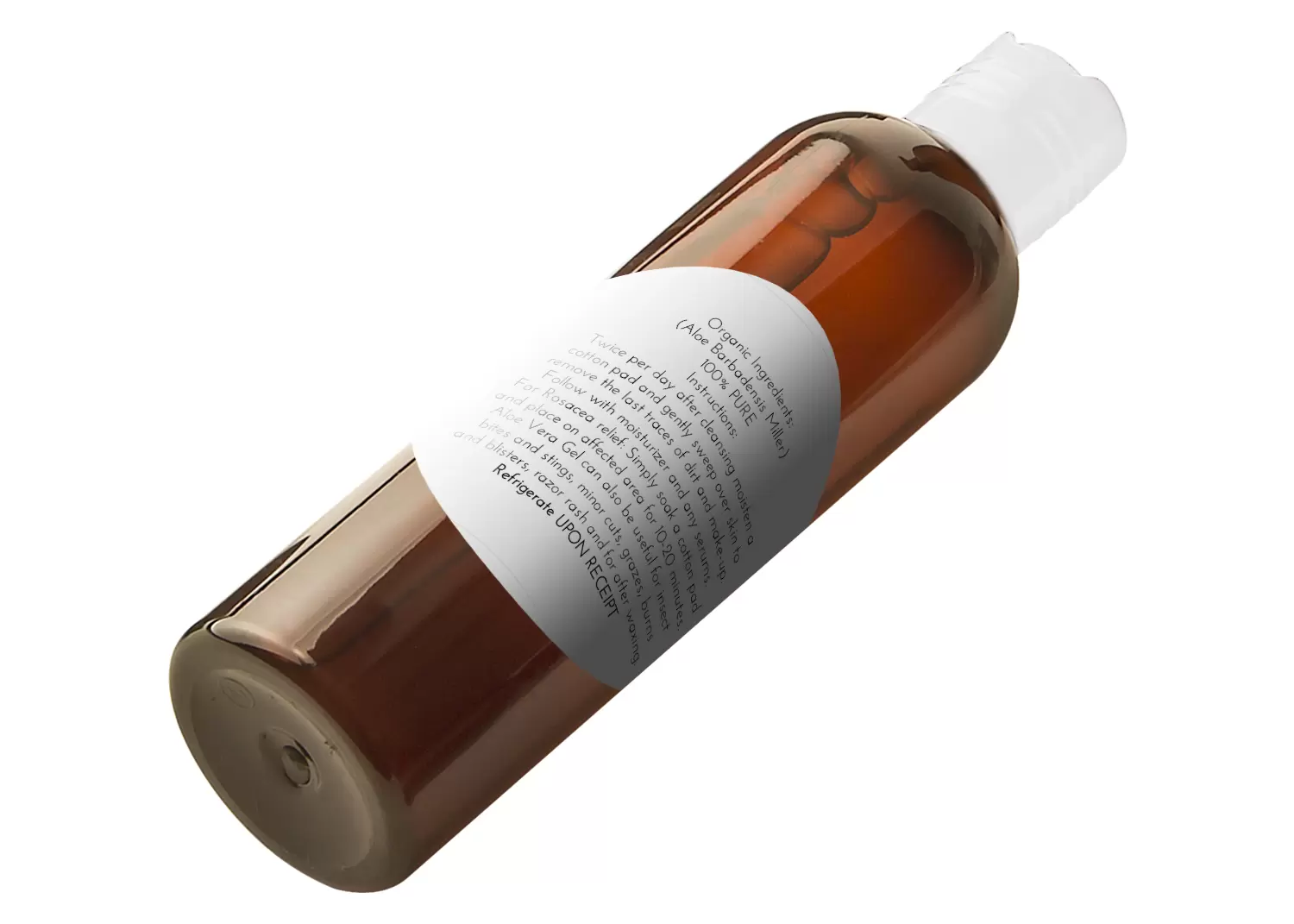 A view from an angle of JBHomemade Sugaring and Skin Care's pure aloe vera in an amber 4 oz bottle, displaying the back label.