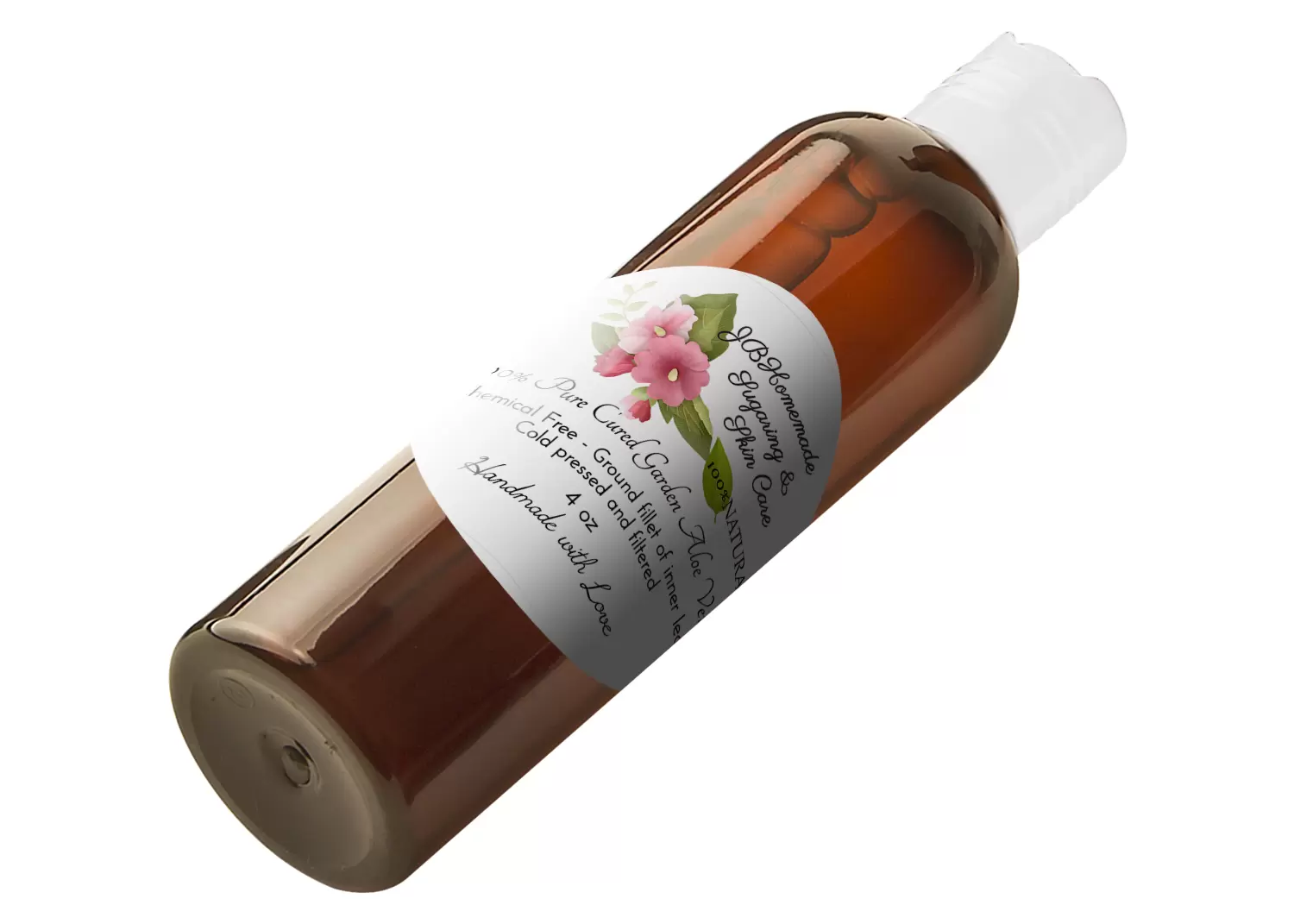 A view from an angle of JBHomemade Sugaring and Skin Care's pure aloe vera in an amber 4 oz bottle, displaying the front label.
