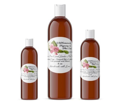 A lineup of JBHomemade Sugaring and Skin Care's pure garden aloe vera 2, 4, and 8 oz amber bottles on a white background. The bottles display the front label.