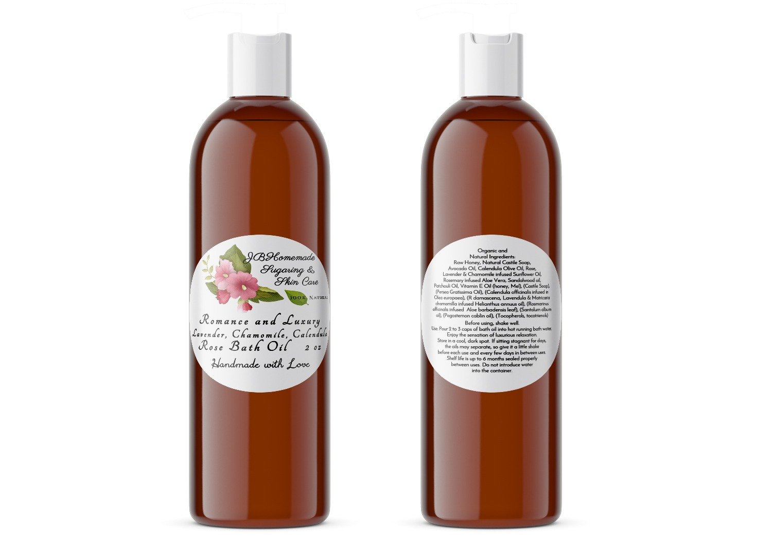 A pair of JBHomemade Sugaring and Skin Care's handcrafted Romance and Luxury Calendula, Rose, Lavender, Chamomile, Rosemary, Aloe Vera, Sandalwood and Patchouli Bath Oil in amber 2 oz bottles on a white background. The bottle on the left displays the front label, while the bottle on the right shows the back label. The back label lists the pure ingredients, usage and care instructions, and shelf life of the product.