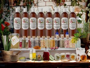 Alt Text: "All-natural skincare collection from JBHomemade displayed on a wooden shelf, featuring various bottles, jars of dried herbs and flowers, essential oils, and a mortar and pestle in a cozy, plant-filled setting. Highlighting handmade, organic products for natural beauty and skincare.