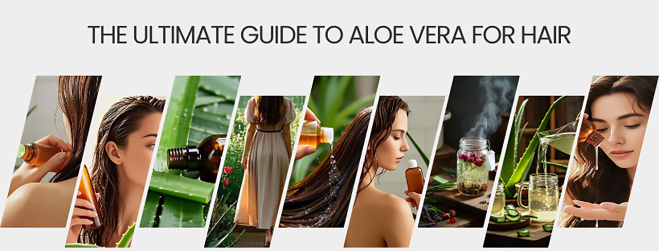 Feature image for a webpage discussing the benefits of using aloe vera for hair care. The image depicts a woman with waist-length wavy brown hair, applying pure aloe vera juice from an amber plastic cosmo bottle to her wet hair. The scene is set in a serene bathroom with natural light, emphasizing the soothing and hydrating properties of aloe vera. Elements highlight the natural and organic aspects, such as fresh aloe vera leaves and a clean, minimalist aesthetic.