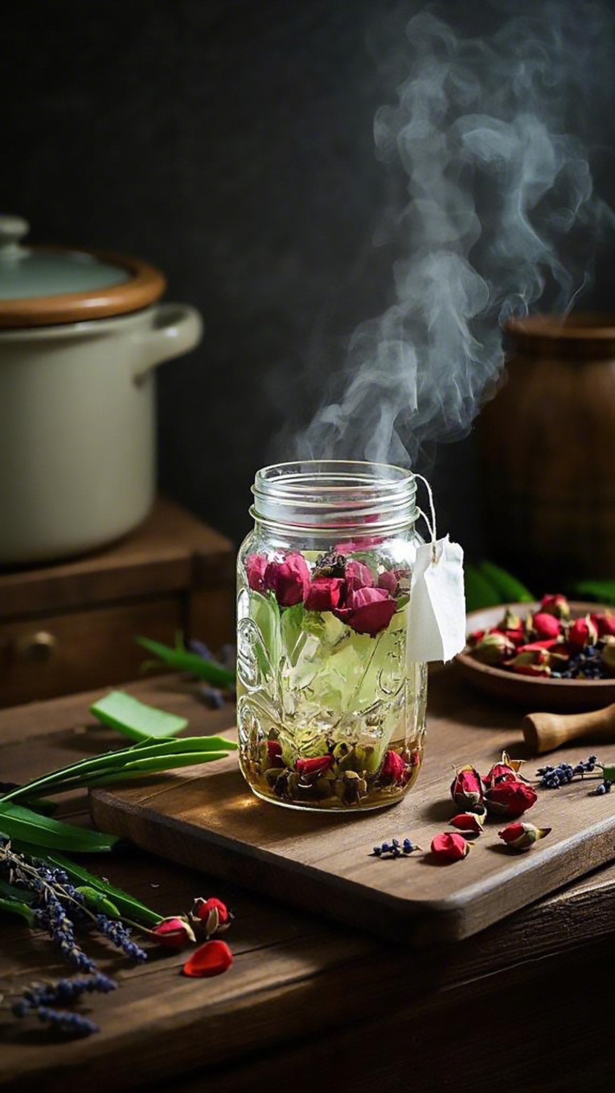 Mason jar filled with pure aloe vera gel infused with rose buds