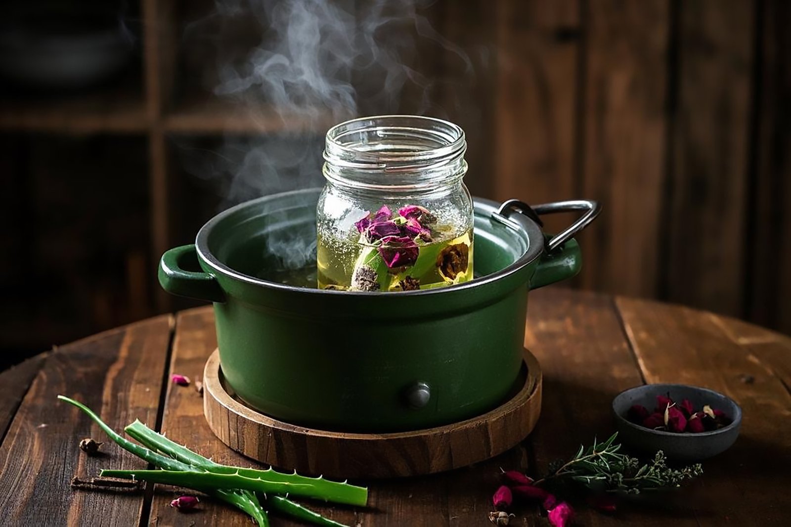 Rustic cozy kitchen setting featuring mason jar with herbal infusion