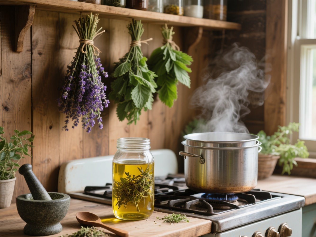 Rustic kitchen with wood-paneled walls and hanging bundles of dried lavender