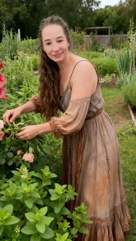 Jen, owner and founder of JBHomemade Sugaring and Skin Care in the garden harvesting